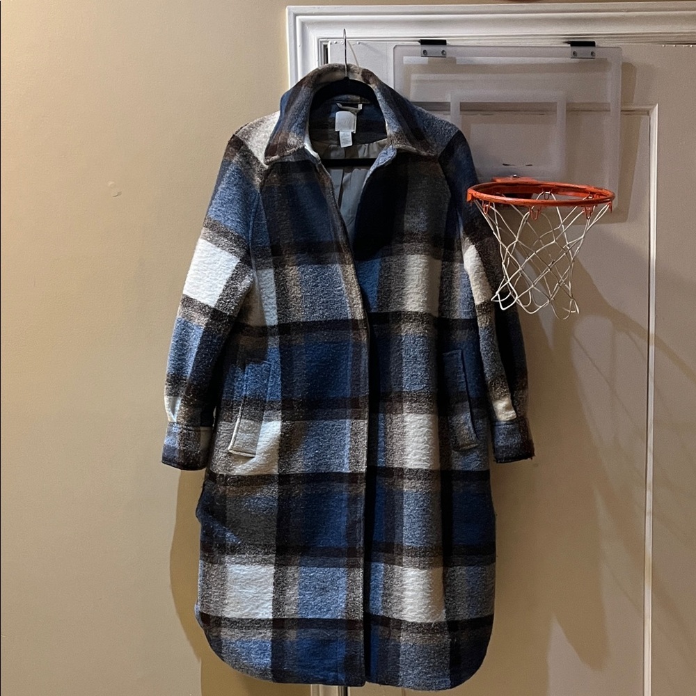 H&M Blue and White Plaid Teddy Jacket